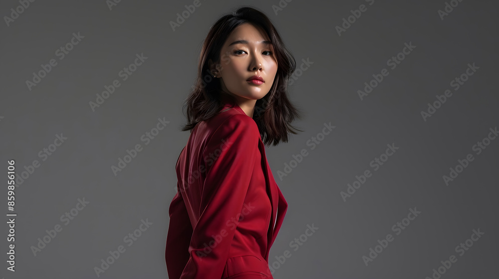 brunette asian woman wearing red stylish blazer and trousers posing isolated on grey : Generative AI brunette asian woman wearing red stylish blazer and trousers posing isolated on grey : Generative AI