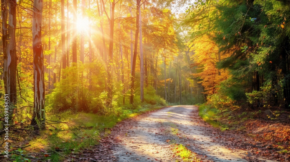 Obraz premium A road in a forest with leaves on the ground and a sun shining on it