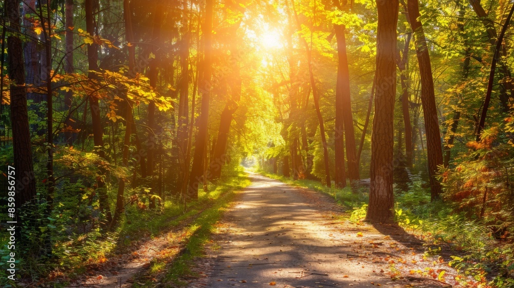 A road in a forest with leaves on the ground and a sun shining on it A road in a forest with leaves on the ground and a sun shining on it