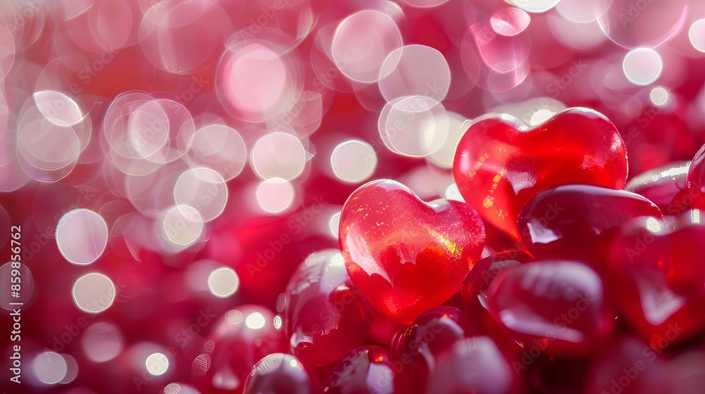 Two red heart-shaped objects on a red background with bokeh lights. Two red heart-shaped objects on a red background with bokeh lights.