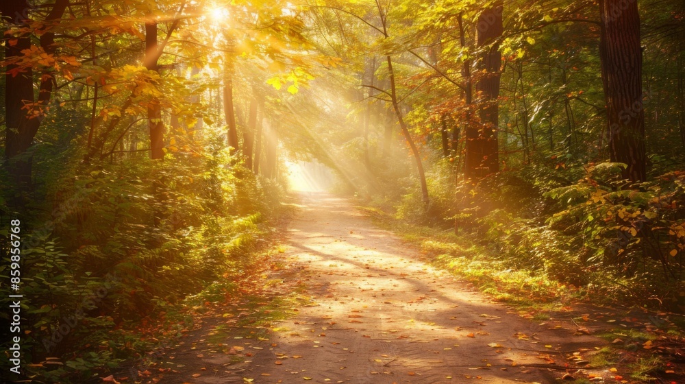Fototapeta premium A road in a forest with leaves on the ground and a sun shining on it