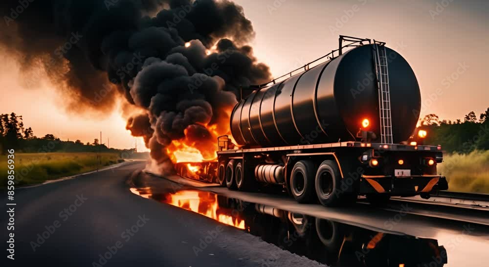 A truck containing fuel caught fire due to an incident on the highway A truck containing fuel caught fire due to an incident on the highway