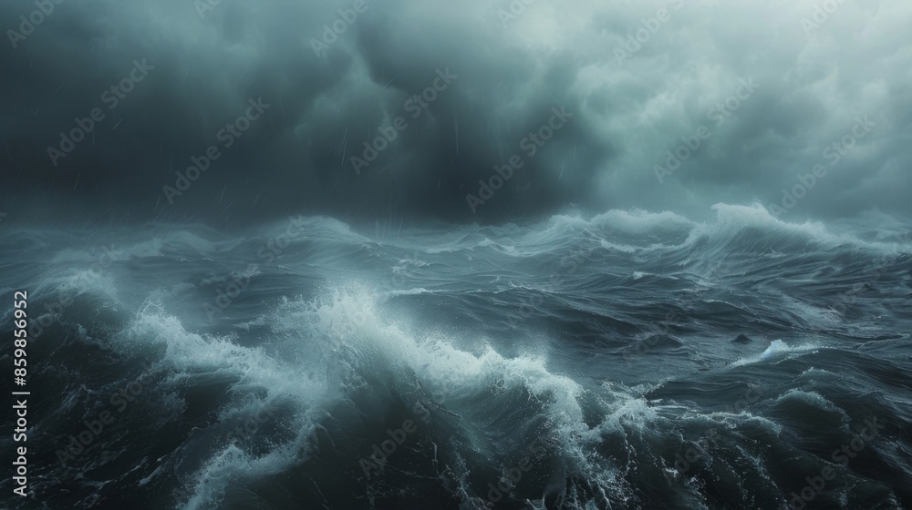 The ocean is rough and choppy, with dark clouds looming overhead The ocean is rough and choppy, with dark clouds looming overhead
