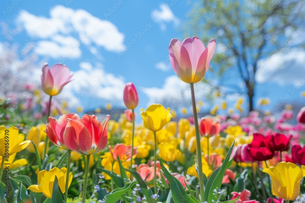 A field of flowers with a blue sky in the background A field of flowers with a blue sky in the background