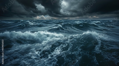 The ocean is rough and choppy, with dark clouds looming overhead