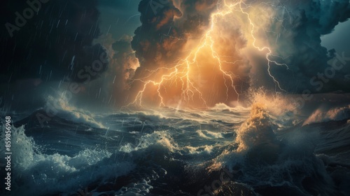 A stormy ocean with a large bolt of lightning in the sky