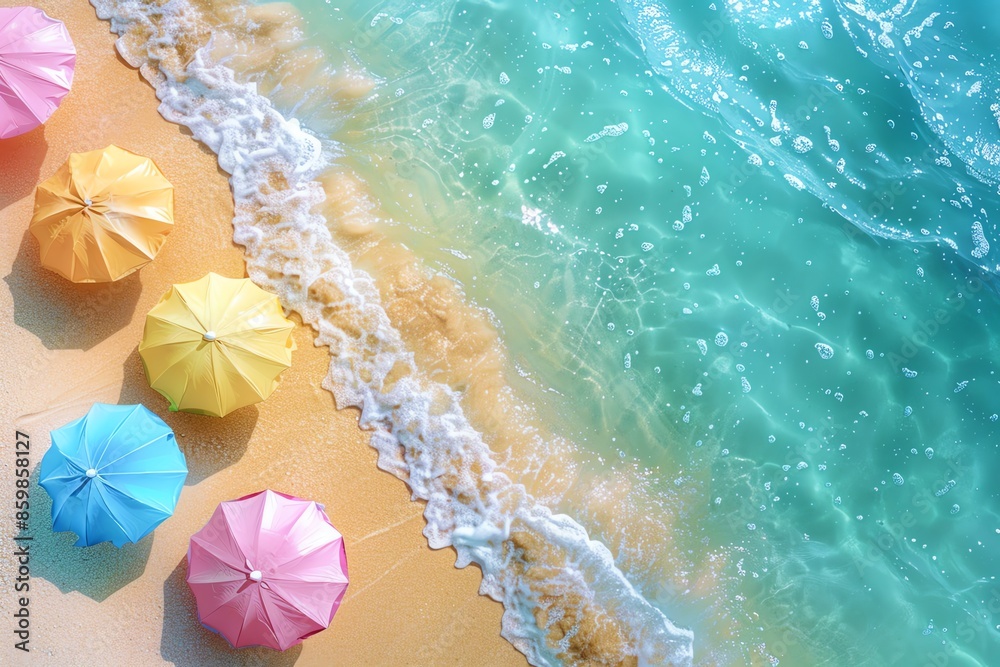 Naklejka premium A vibrant summer wallpaper featuring a sunny beach scene with turquoise water, golden sand, and colorful beach umbrellas