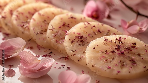 **Noni slices with flower petals sprinkle on a solid camel background