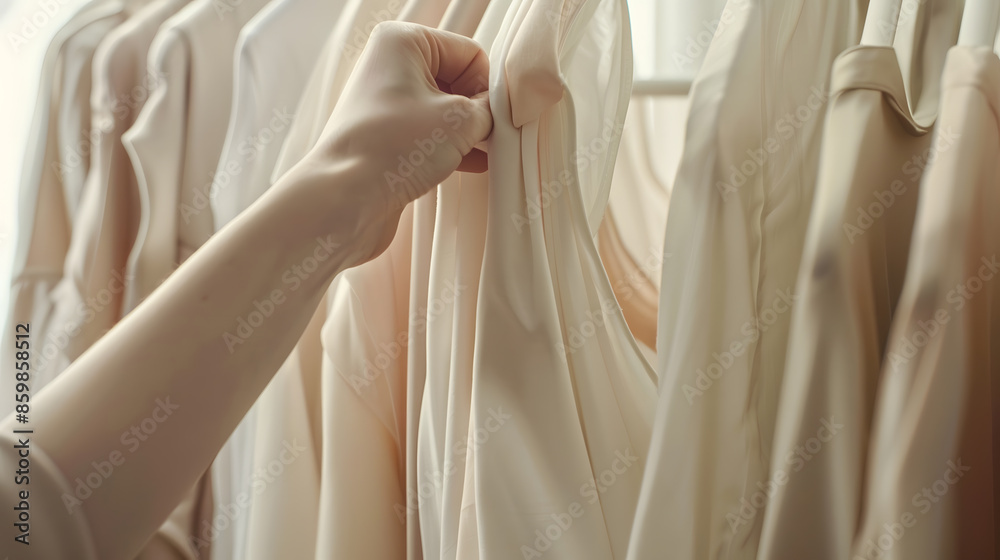 Sustainable fashion slow fashion Close Up Shot of female hand taking clothing rack with natural tones clothes : Generative AI