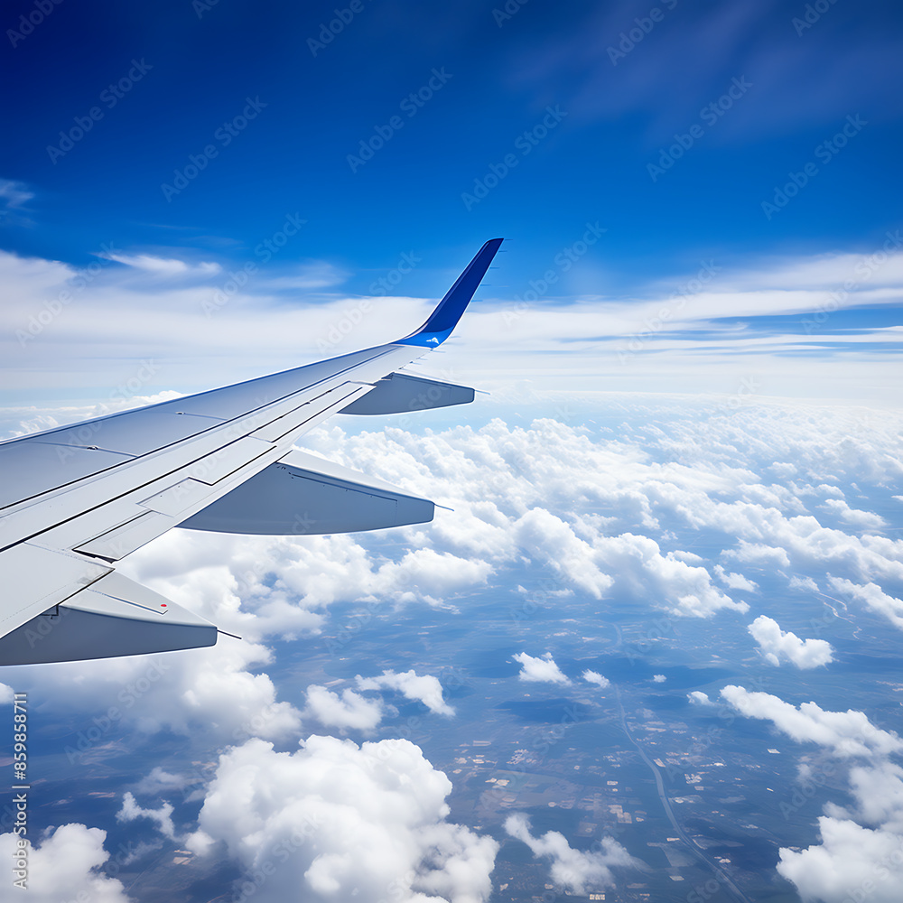 Airplane wing on blue sky background. 3d render illustration. Airplane wing on blue sky background. 3d render illustration.