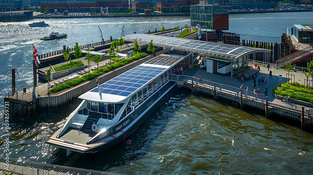Fototapeta premium Sustainable Transportation: Electric Ferry Docking at Solar-Powered Terminal in Vibrant Harbor, Surrounded by Green Spaces