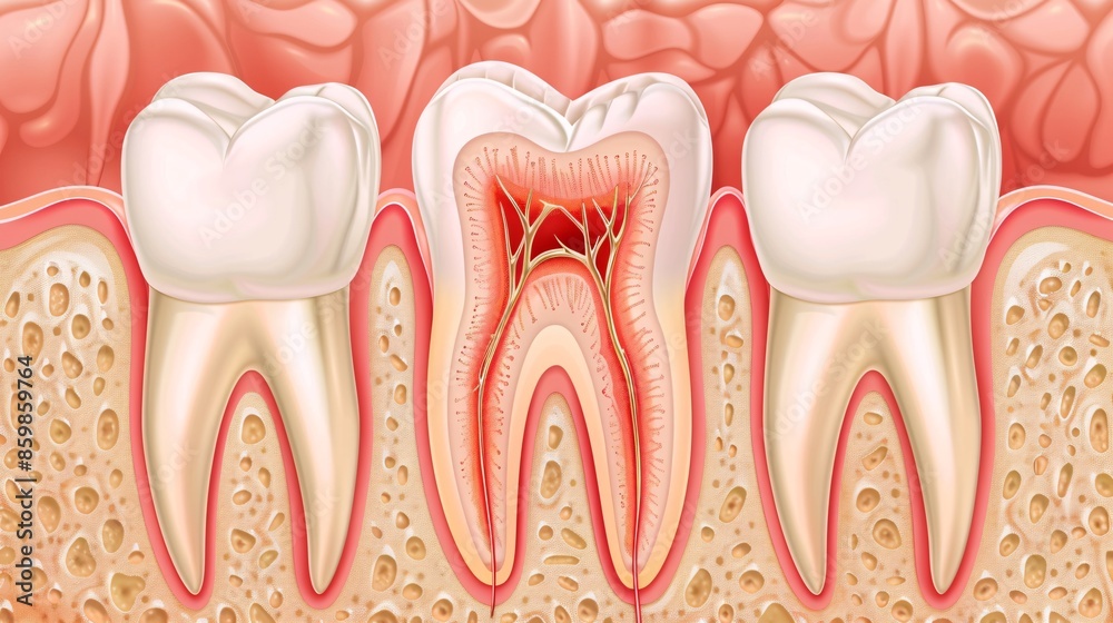 Realistic and detailed illustration of a molar with advanced tooth decay and root abscess, medical visualization for dental education Realistic and detailed illustration of a molar with advanced tooth decay and root abscess, medical visualization for dental education
