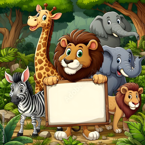 Cartoon wild animal with blank board in the jungle