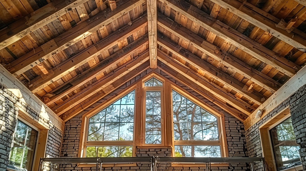 A wood framework in a building being built, walls constructed from aerated concrete blocks, unfinished window holes, a strengthened brick beam, temporary support structure, clear sky in the distance. A wood framework in a building being built, walls constructed from aerated concrete blocks, unfinished window holes, a strengthened brick beam, temporary support structure, clear sky in the distance.