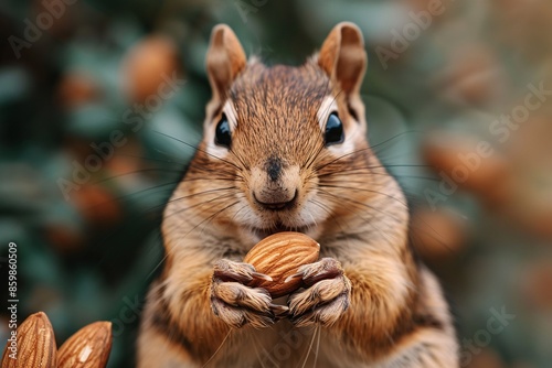 An intimate depiction of a Squirrel munching on almonds. photo