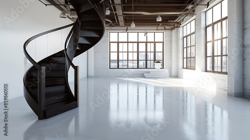 A modern loft with dark wooden spiral stairs and a white epoxy floor. The space is clean and bright with large windows and natural light.