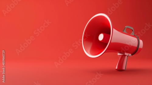 Promotional banner with 3d rendering on isolated red backdrop for announcing notices and promotions. photo
