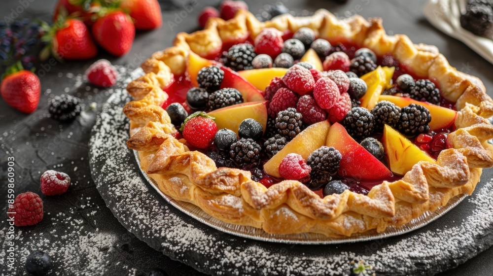 Assorted fruit pie with vibrant berry and fruit chunks on flaky pastry, lightly dusted with powdered sugar. Assorted fruit pie with vibrant berry and fruit chunks on flaky pastry, lightly dusted with powdered sugar.