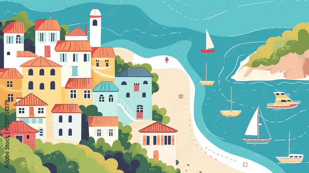 Summer seaside town, flat design, top view, coastal charm, water color, Complementary Color Scheme