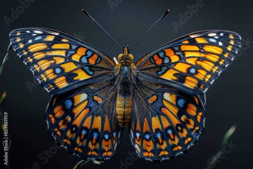 Close-up of a Vibrant Butterfly with Orange and Blue Wings © racesy