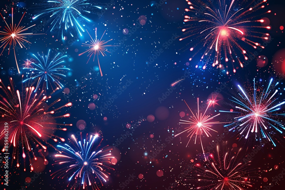 Naklejka premium Celebrate the Fourth of July with a spectacular display of fireworks on a vector backdrop, featuring a poster, banner, flyer, and template.