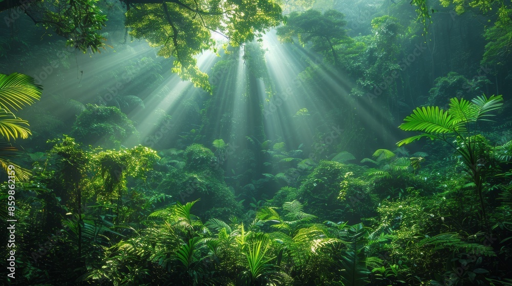 A stunning view of a sunlit rainforest, with rays of light piercing through the canopy and illuminating the rich biodiversity of the lush greenery. Generative AI A stunning view of a sunlit rainforest, with rays of light piercing through the canopy and illuminating the rich biodiversity of the lush greenery. Generative AI