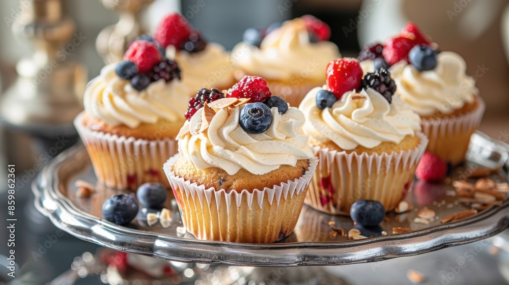 Baked cupcakes with airy cream, adorned with berries and almond crumbs. Baked cupcakes with airy cream, adorned with berries and almond crumbs.