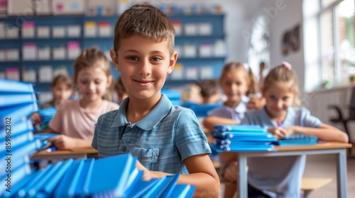 Back to School: Children Organizing Blue Stationery, New School Year Preparation, Modern Classroom Setting, Happy and Focused Students