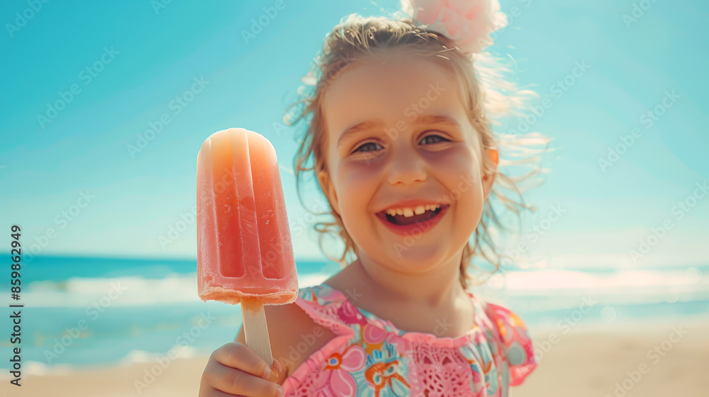 A little girl holds a popsicle in her hands on the beach. Summer children's holidays. She smiles and enjoys her treat A little girl holds a popsicle in her hands on the beach. Summer children's holidays. She smiles and enjoys her treat