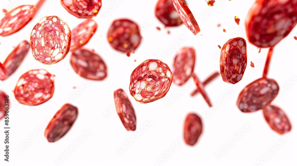Fototapeta premium Pepperoni and sausage slices levitating on a blank white backdrop.