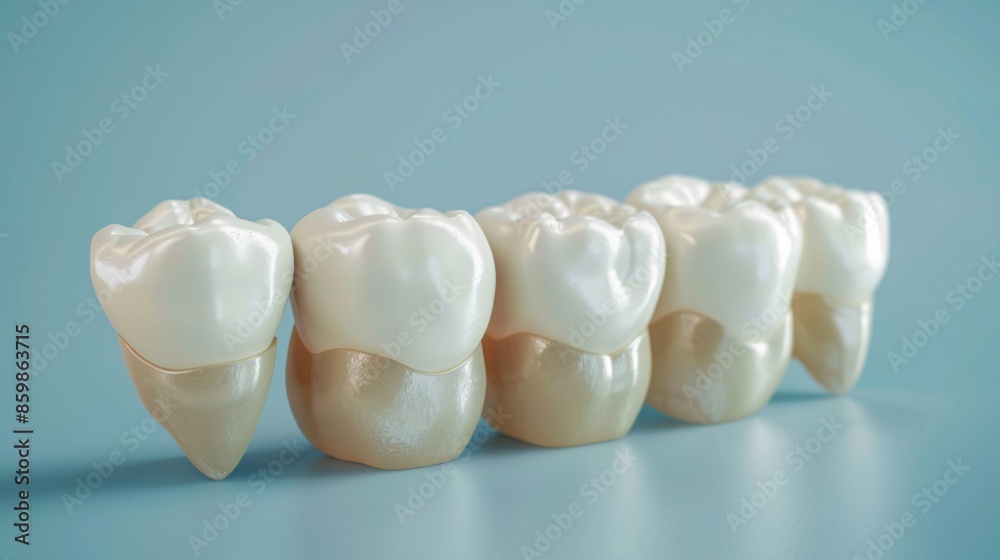 Isolated 3D illustration of a dental crown installed on teeth on a white background.
Isolated 3D illustration of a dental crown installed on teeth on a white background.