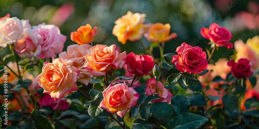 Rare and exquisite roses blossom in a garden, displaying a vibrant array of Grandiflora blooms. Rare and exquisite roses blossom in a garden, displaying a vibrant array of Grandiflora blooms.