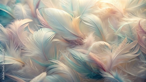 Soft, delicate pastel-hued feathers unfold against a creamy white background, forming a dreamy, ethereal abstract texture that evokes whimsy and serenity.