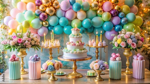 Vibrant pastel balloons surround a decadent dessert table adorned with candies, flowers, and a majestic golden cake with flickering candles. photo