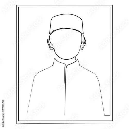 vector line art of islamic boy in frame.drawing of one line portrait of muslim boy.one single vector portrait of boy with cap and koko shirt