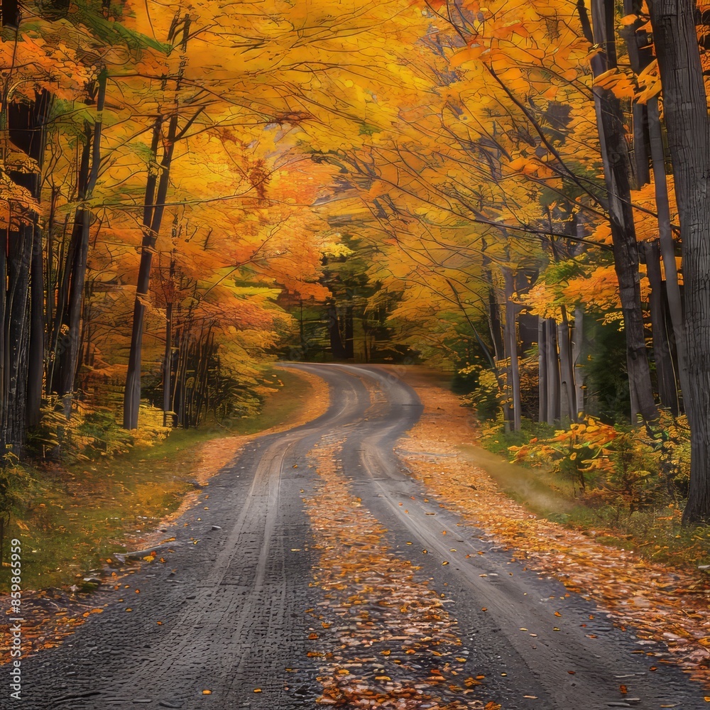 Fototapeta premium Dirt Road Surrounded by Trees With Yellow Leaves