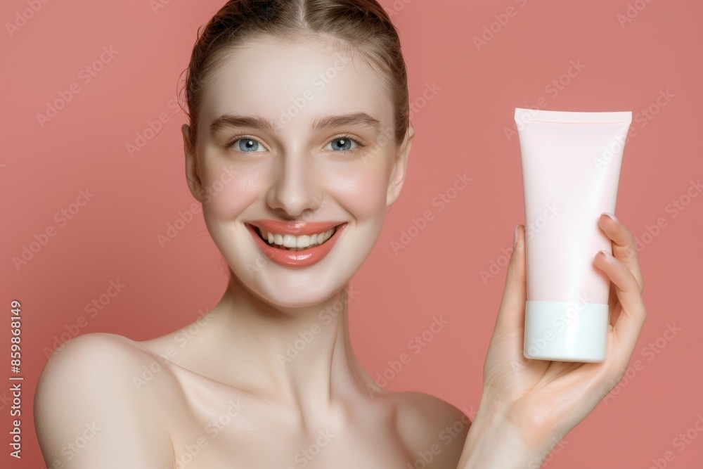 Smiling woman with clear skin holding a white tube of cream on a pink background. Smiling woman with clear skin holding a white tube of cream on a pink background.