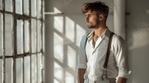 Time to go Full length of handsome young man in white shirt and suspenders looking away and keeping hands in pockets while walking through the room : Generative AI