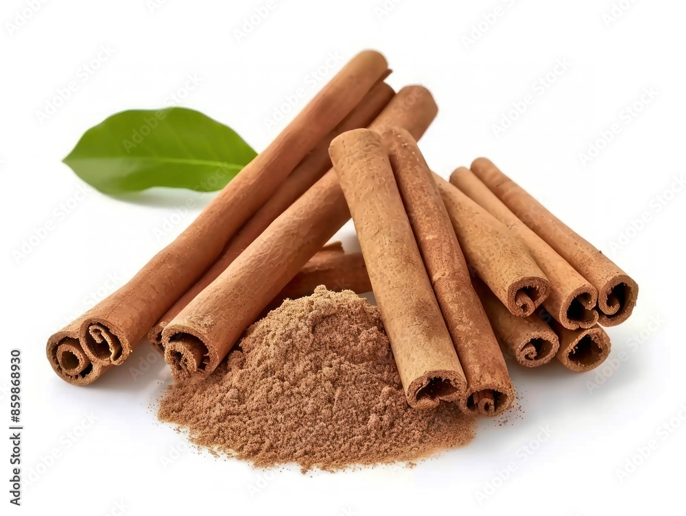 Cinnamon Sticks and Ground Cinnamon with Green Leaf Cinnamon Sticks and Ground Cinnamon with Green Leaf