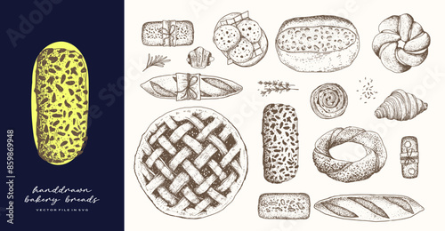 Hand Drawn Breads and Bakery Logo Products for Bakery Shop Store Baguette Pastry Croissant Sourdough in Isolated Vector SVG