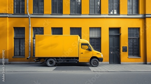 Bright Yellow Delivery Truck Parked Against Vibrant Urban Building