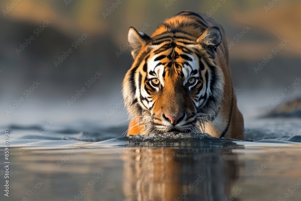 Tiger Emerging From Water with Intense Gaze Tiger Emerging From Water with Intense Gaze