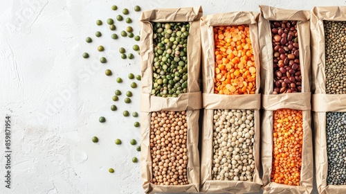 Assorted healthy vegan beans and lentils in organic kraft paper package on light background