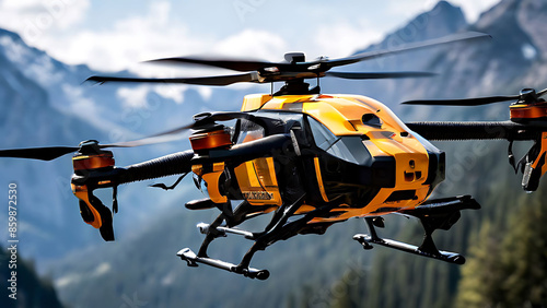 A rescue drone assisting in a mountain search and rescue operation, drone must be completely visible photo