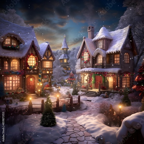 Winter night in the village. Christmas card. 3D illustration.