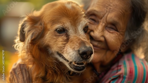 Elderly woman hugging a dog with a smile. Close up of old people or mid aged people smiling to camera with pet. Grand parent hugging dog. Friendship and pet companionship concept for design. AIG53F. photo