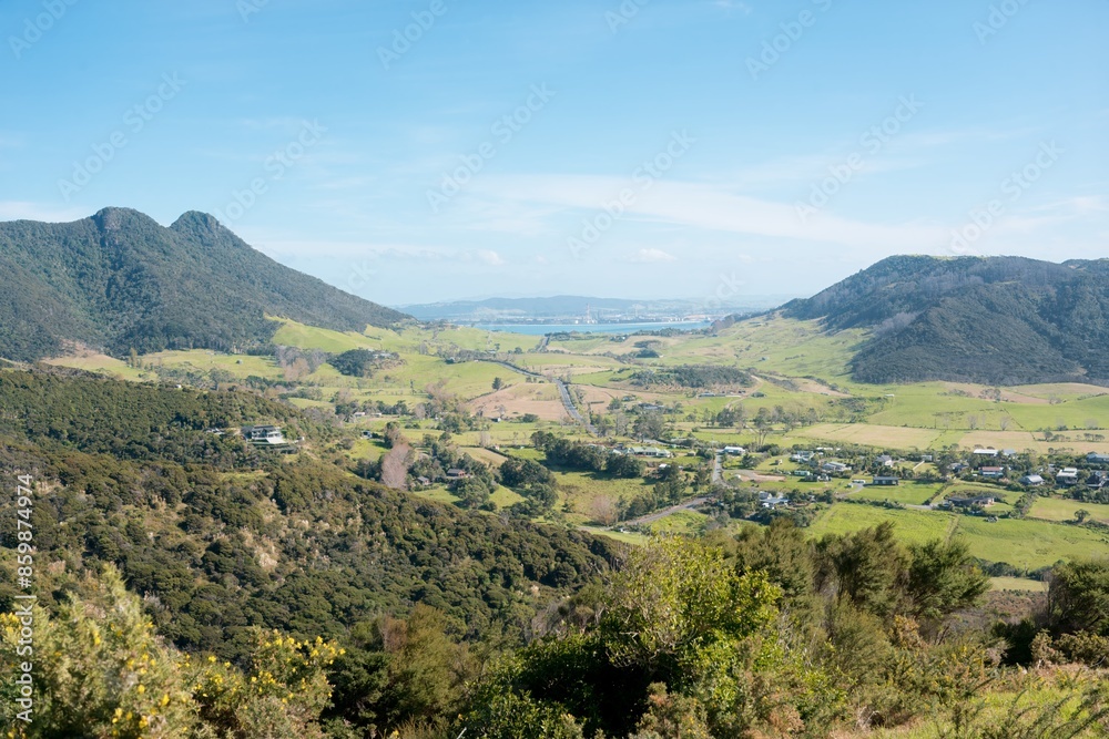 Fototapeta premium Aerial view of Whangārei Heads, landscape with mountains and trees