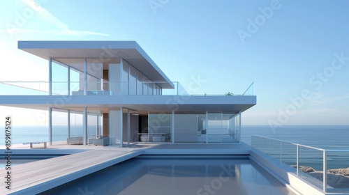 Modern Beach House with Rooftop Deck and Afternoon Blue Sky 