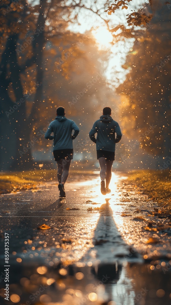 Autumn Jogging: Two Runners Embracing a Misty Golden Morning Autumn Jogging: Two Runners Embracing a Misty Golden Morning
