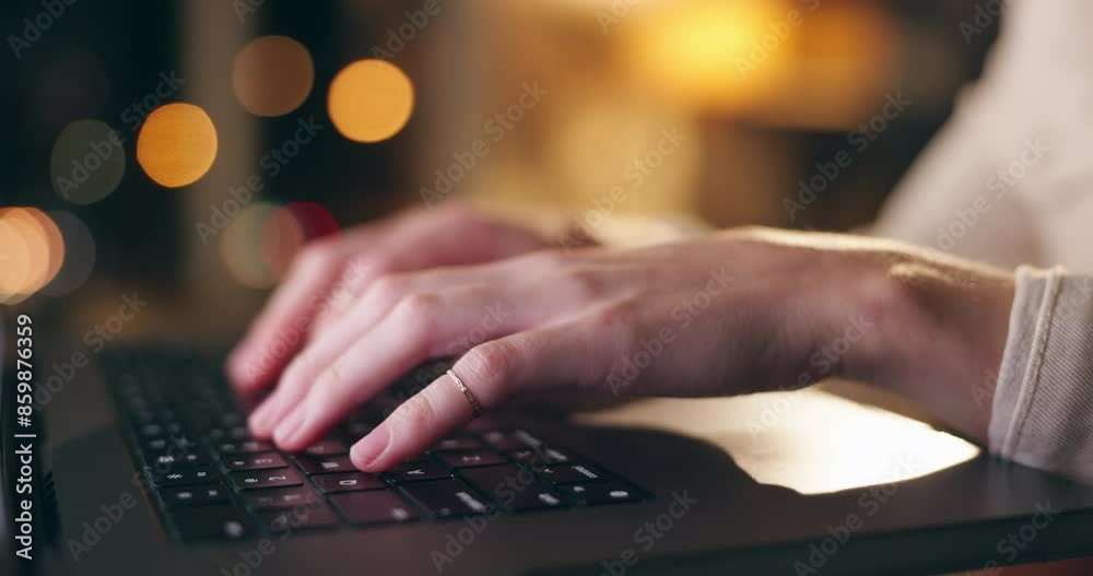 Hands, laptop and typing with business employee in office at night for report, research or review. Computer, information and internet with person closeup at desk in workplace for evening deadline